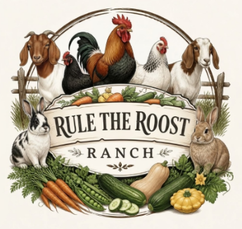 Rule the Roost Ranch logo with a rooster, goats, rabbits, and garden vegetables